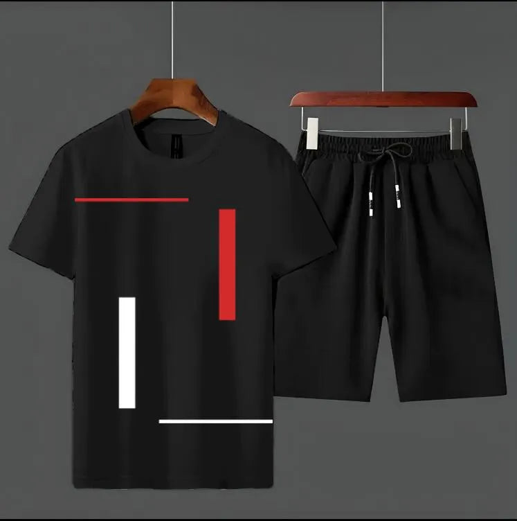 Men's Vertical Stripes Printed Round Neck Half Sleeves Casual Tracksuit